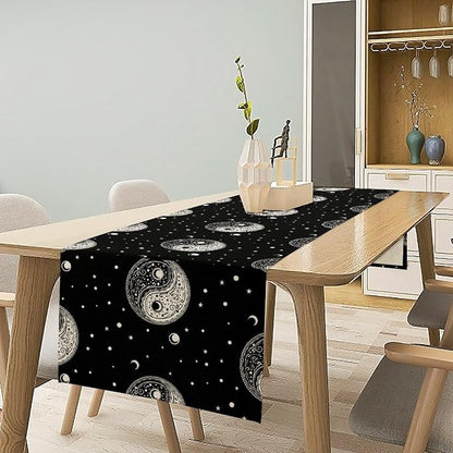 Mystical Celestial Table Runner, Vintage Bohemian Black Yin Yang Symbol Moon - Image 2