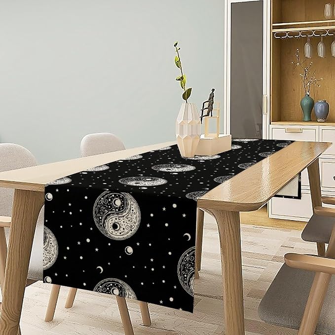 Mystical Celestial Table Runner, Vintage Bohemian Black Yin Yang Symbol Moon - Image 2