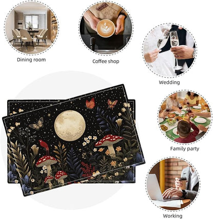 Mushroom Botanical Placemats Set of 6, Mushroom Plants Leaves Butterfly Place Mats, Moon Waterproof Washable Table Mats for Home Party Indoor Kitchen Dining Table Decoration 12x18 Inch