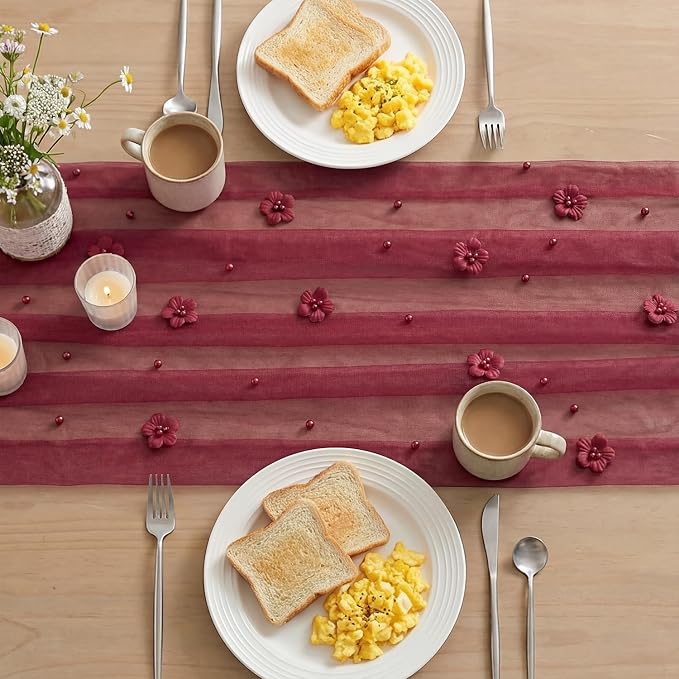 Artoid Mode Burgundy Flower Pearl Burgundy Gauze Table Runner 10FT, Seasonal - Image 4