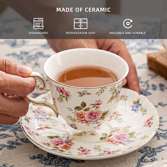 Agyiuns tea cups and saucers ceramic coffee mug 6oz set of 4 - Image 3