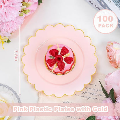 LIYH 100 Pcs 7.5" Pink Plastic Plates with Gold Disposable Pink Dessert Plates Gold Plastic Plate,Baby Shower Plate Set Suitable for Weddings Bridal Showers Afternoon Tea Valentine's Day Mother's Day