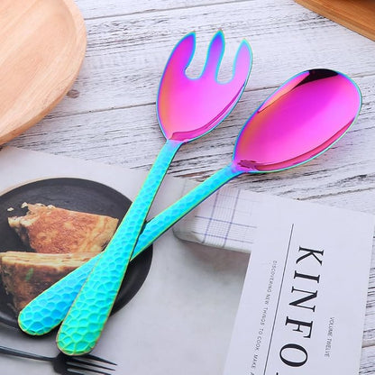 Salad Spoon and Fork Set, 12 Inch Stainless Steel Rainbow Salad Server - Image 3