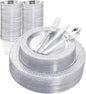 Ciaell 150PCS Clear Silver Plastic Plates - Silver Disposable Plates include 25Dinner Plate, 25Dessert Plate, 25Forks, 25Knives, 25Spoons, 25Cups for Weddings & Parties