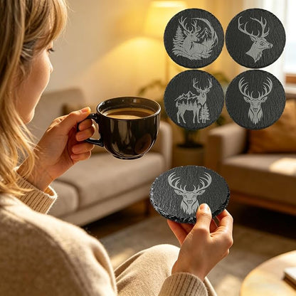 4Pcs Slate Coasters with Deer Pattern, Round 3.94 inch Cup Mats - Image 3