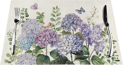 Spring Placemats 12x18 Inches Set of 4,Blue Violet Hydrangea Floral Decorative Rectangle Summer Seasonal Flower Decoration Table Mats for Party, Home Kitchen,Dining Table Decor