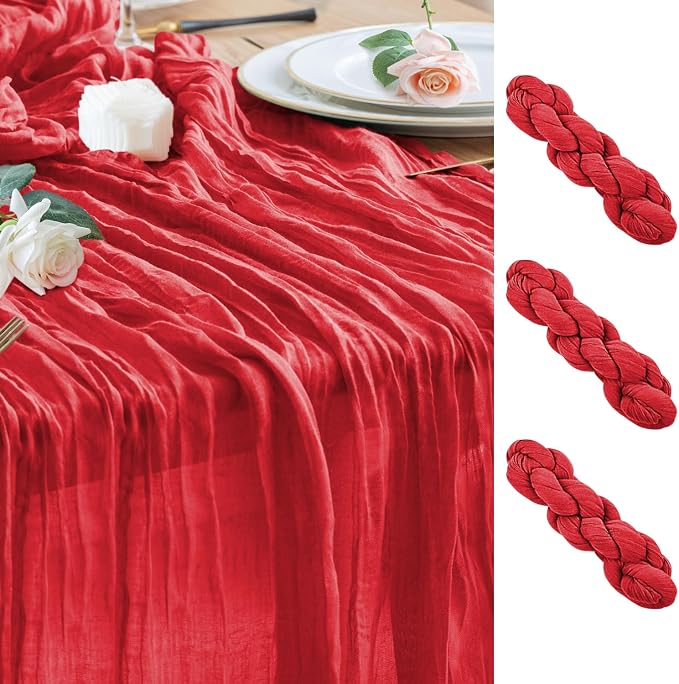 Cheesecloth Table Runner Red 10FT Boho Gauze Runner, 3 Pack | 120 Inch Cheese by Wokceer