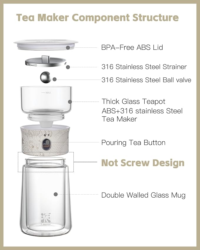 ZENS Glass Tea Infuser Pot, Modern One Touch Tea Maker - Image 6