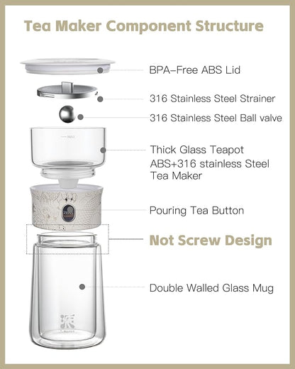 ZENS Glass Tea Infuser Pot, Modern One Touch Tea Maker - Image 6