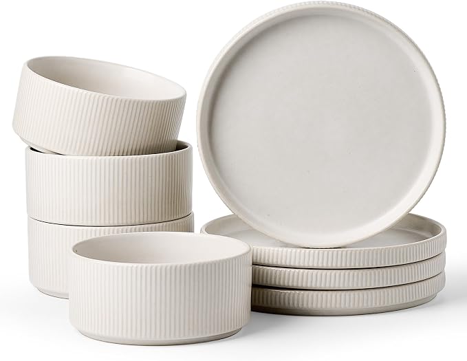 Ceramic Dinnerware Set for 4, 8-Piece Deep Salad Plates and Cereal Bowls | by FamiwarePremium