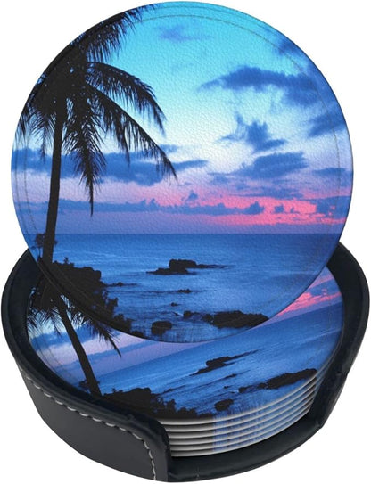 6 Pcs Tropical Ocean Beach Palm Trees Leather Coasters by NiuKom