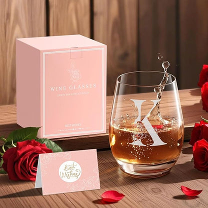 Valentines Day Gifts for Her, Gifts for Women Her Friend Mom Grandma Wife Sister Bridesmaid Nurse, Birthday Galentines Mothers Day Christmas, Personalized Initial Customized Wine Glasses 18OZ(K)