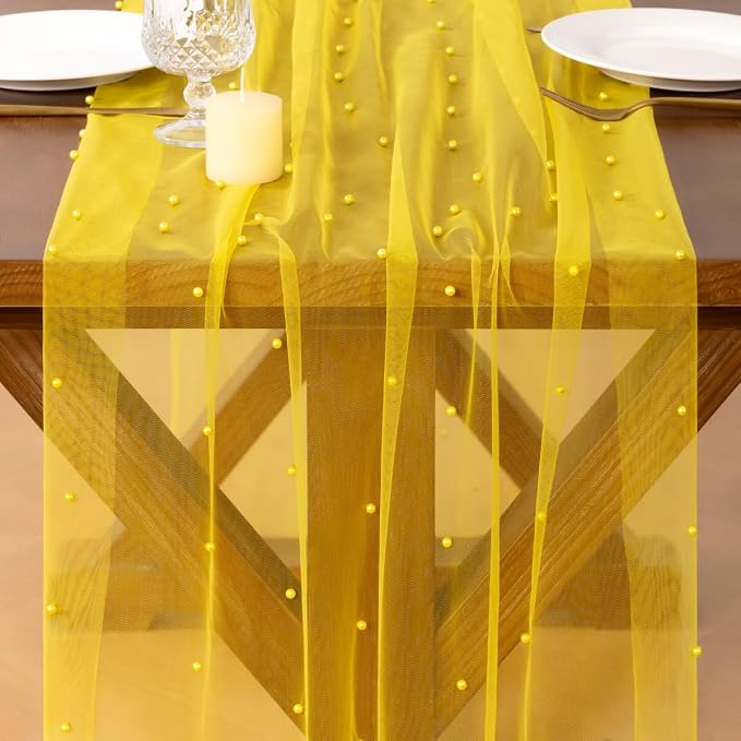 Pearl Table Runner Summer Tulle Gauze Sheer Wedding Party Home Decor | Yellow - Image 5