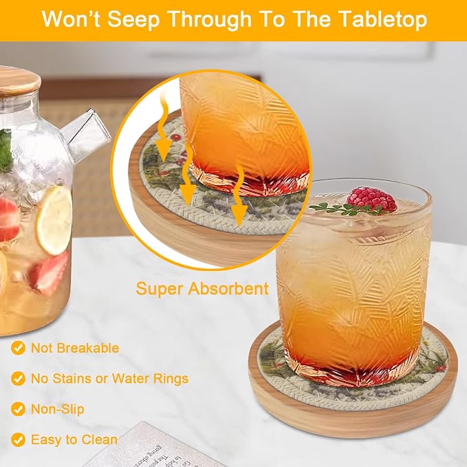 Wood Coasters for Drinks, Eykao Absorbent Coaster Sets of 5, Woven Drink - Image 2