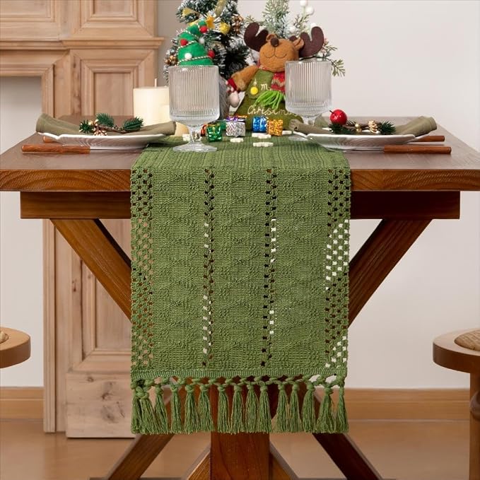 MLMW Boho Olive Green Table Runner 48 inches Small Coffee Table Runner Green - Image 5