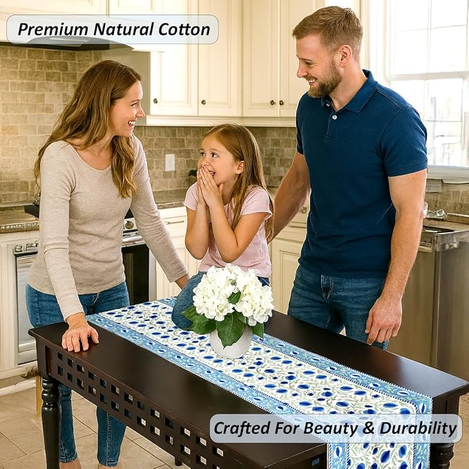 Queen Blue Hand Block Print 100% Cotton Reusable Table Runner 16" X 106" Inches - Image 2