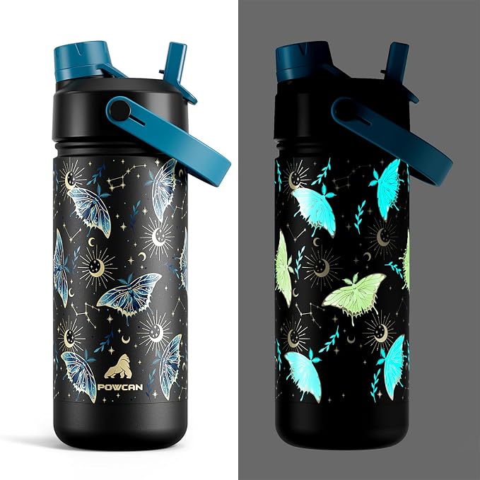 18 oz Kids Insulated Water Bottle: Glow-in-the-Dark, 2-in-1 Straw Spout Lid by POWCAN
