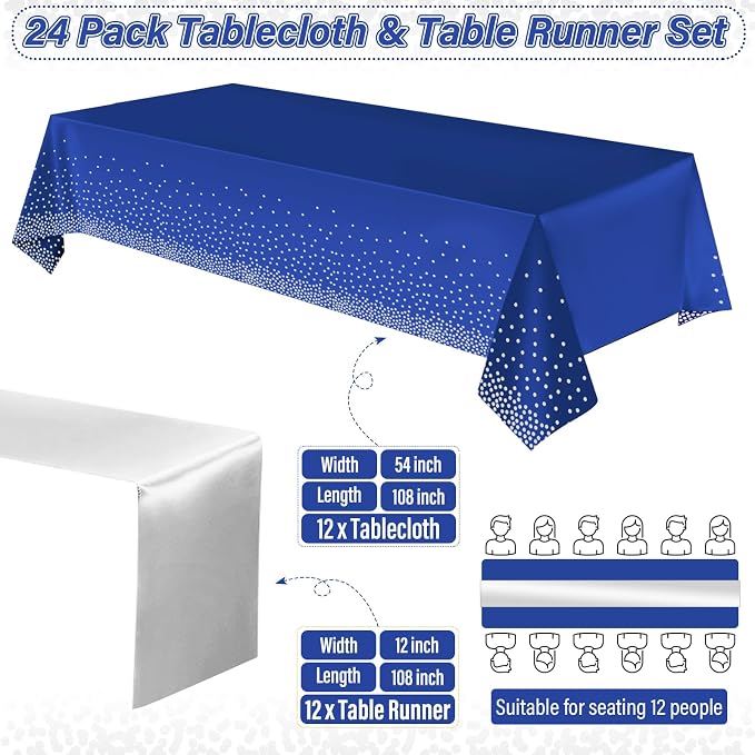 24 Pack Blue and Silver Tablecloth and Table Runner Party Decorations - Image 2