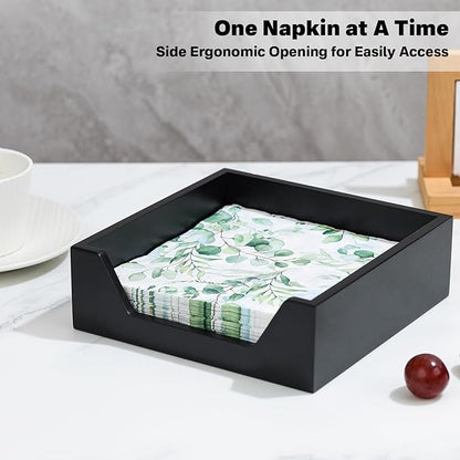 Napkin Holder for Table, 7.36" x 7.36" x 2.16" Wooden Napkin Dispenser with Side Large Opening for Paper Napkins, Modern Style Square Napkin Holder, Home Kitchen Dining Tabletop Decor, Black