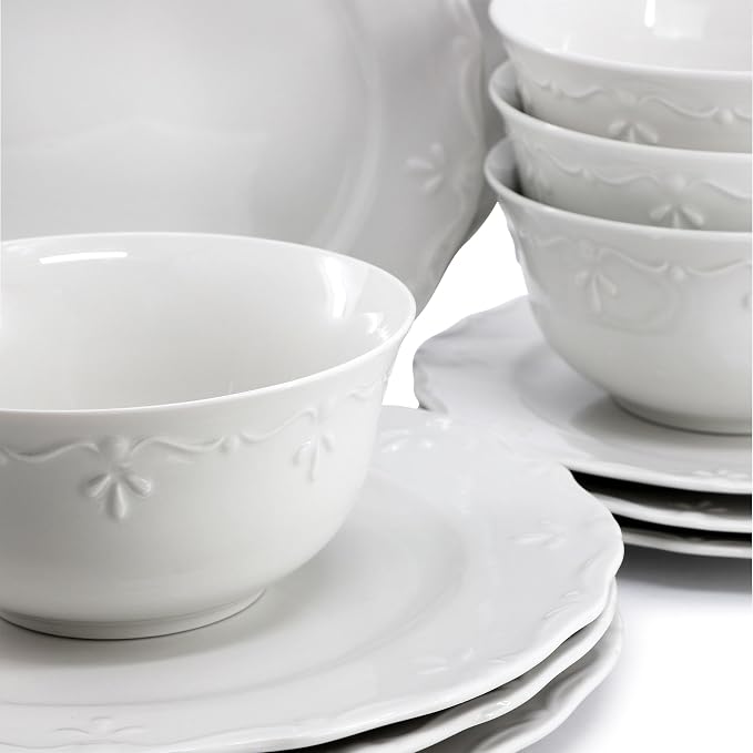 Elama Henryi 16 Piece Embossed Rim Detail Porcelain White Dinnerware Set - Image 5