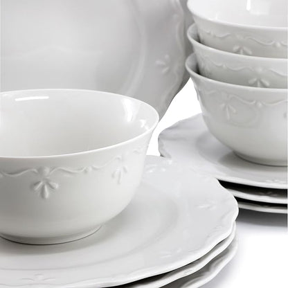 Elama Henryi 16 Piece Embossed Rim Detail Porcelain White Dinnerware Set - Image 5