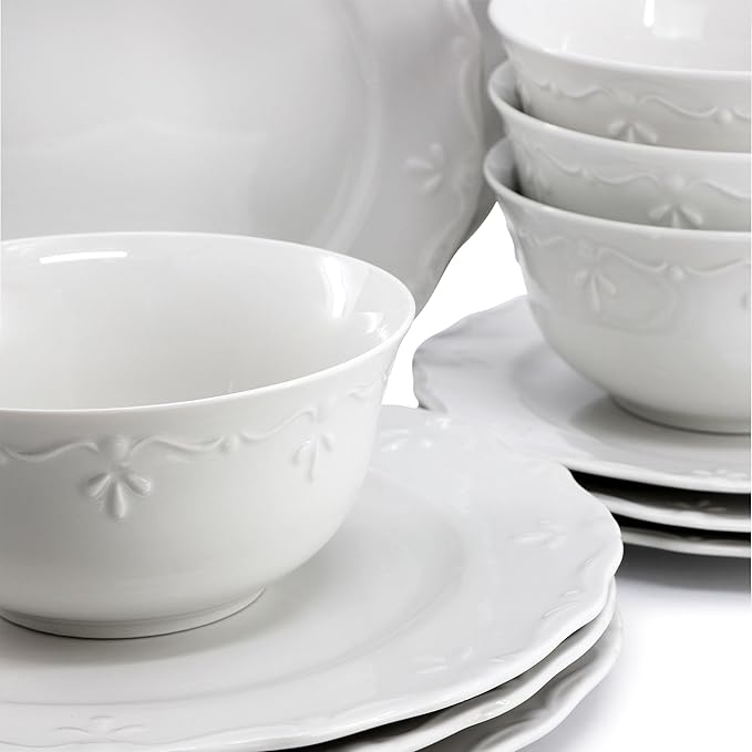 Elama Henryi 18 Piece Embossed Rim Detail Porcelain White Dinnerware Set - Image 5