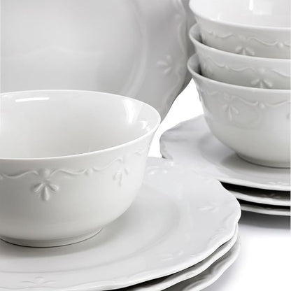 Elama Henryi 18 Piece Embossed Rim Detail Porcelain White Dinnerware Set - Image 5