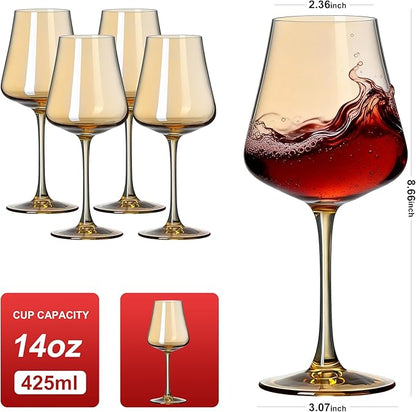 PTSTING Wine Glasses Set of 4 Amber Wine Glass 14oz Glassware for Tasting,Wedding,Anniversary,Christmas, Birthday