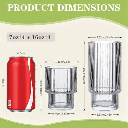 Ribbed Drinking Glasses Set of 4, Stackable Cute Kitchen Glasses Cups 16oz and - Image 2