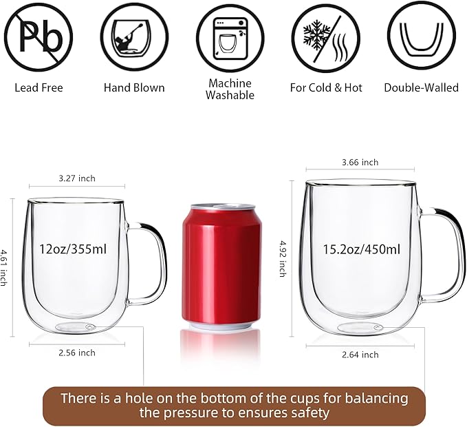 CNGLASS Large Double Wall Glass Coffee Mug 15.2oz, Cappuccino, Tea Bag - Image 3