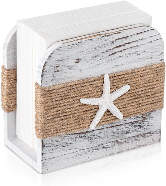 Natural Wooden Napkin Holder, Farmhouse Napkin Holders Upright Wooden Tissue Dispenser for Kitchen Dining Room Table Decor Indoor & Outdoor Use (Beach Style,White)