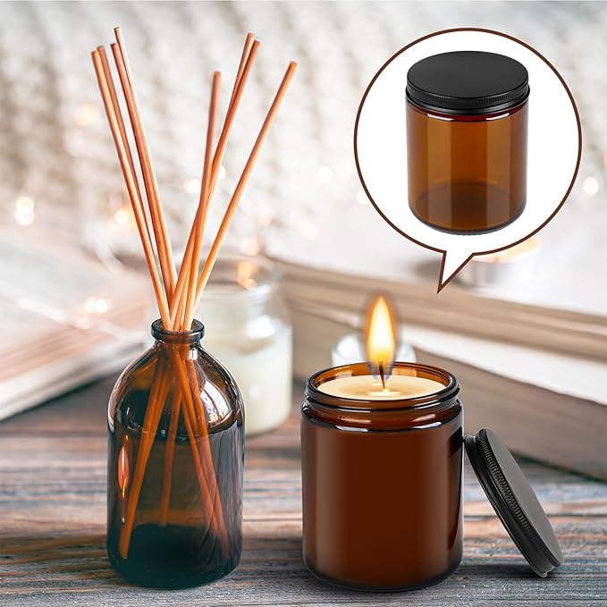 Goiio 24 Pack Amber Glass Jars, 8 Oz Thick Amber Round Glass Jars, with Black Metal Lids, for Spice, Liquid, Sample, Leakproof and Dishwasher Safe