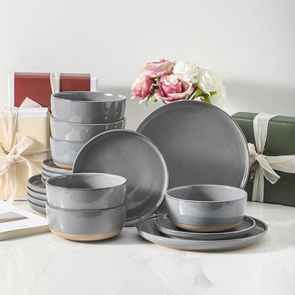 HASENSE Stoneware 18 Pieces Plates and Bowls Sets, Porcelain Dinnerware Sets for 6, Ceramic Dishes Sets with Speckled Pattern, Scratch Resistant Microwave and Dishwasher Safe, Dark Gray