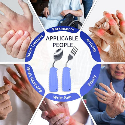 Adaptive Utensils,Curved Angled Spoon and Fork Set,for Tremors Parkinsons Limited or Elderly,Lightweight Cutlery with Non-Slip Easy Grip Handles