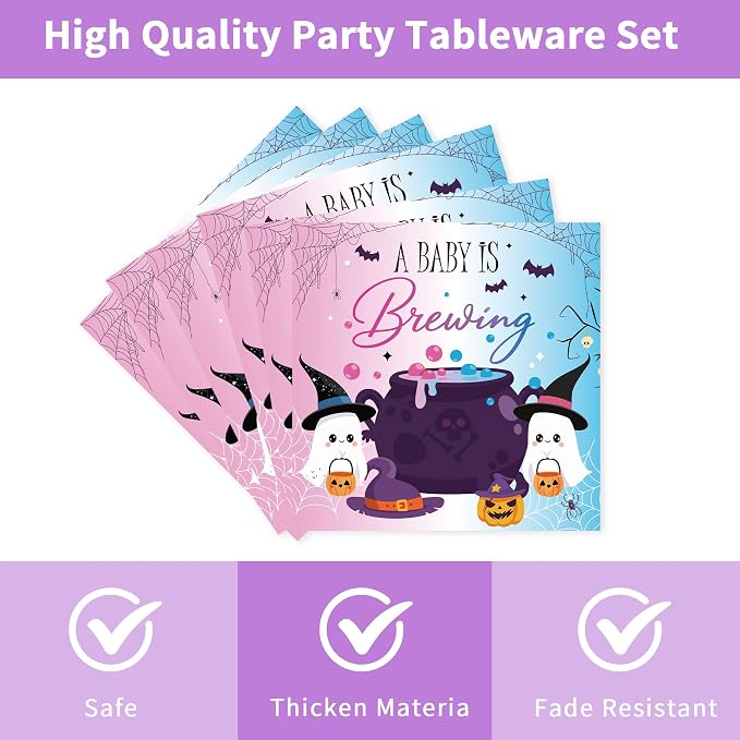 96 Pcs Halloween Gender Reveal Decorations, Baby Is Brewing Tableware Set | - Image 4