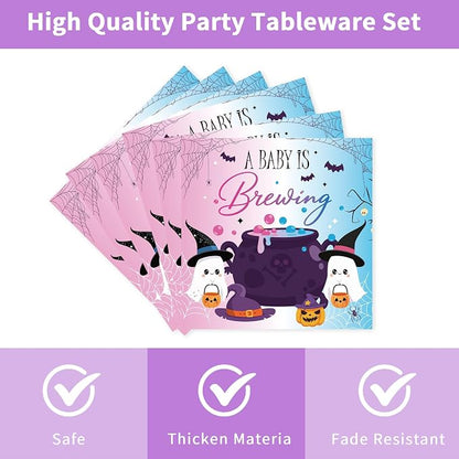 96 Pcs Halloween Gender Reveal Decorations, Baby Is Brewing Tableware Set | - Image 4