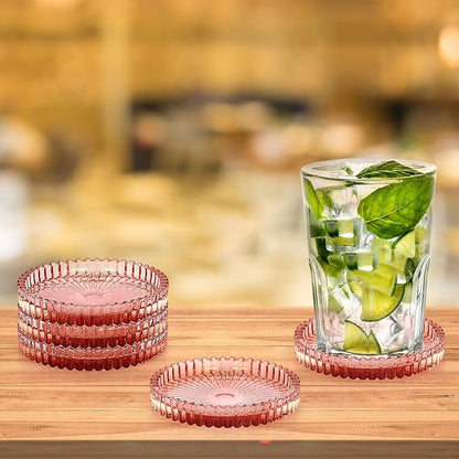 JUXYES 5 Pack Amber Tone Crystal Coasters Round Cup Mat, Glass Coasters for Drinks Coffee Tea Wine, Decorative Wine Bottle Coaster, Crystal Drink Coaster for Restaurant bar Kitchen Dining Table