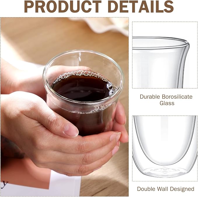 8 Pack 10 oz Double Walled Coffee Mugs Glass Espresso Cups without Handle Clear - Image 5