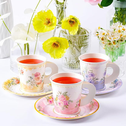 HOMIX 24 Paper Tea Cups and Plates, 7 OZ Disposable Teacups and Saucer Sets | - Image 3