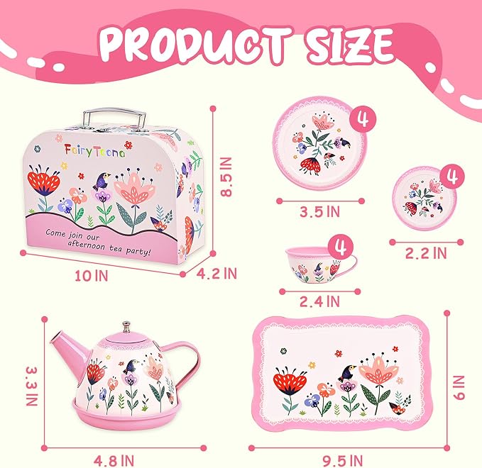 Tea Party Set for Little Girls, Pretend Tin Teapot Set - Image 2