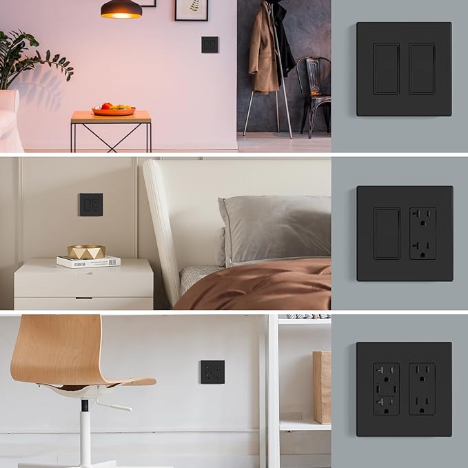AIDA 2-Gang Decorative Wall Plates, 4.88" H x 4.94" L - Unbreakable Thermoplastic Faceplate Cover for Outlets and Switches, UL Listed - (1 Pack, Matte Black)
