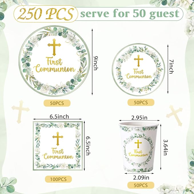 Pickmesh 250 Pcs Green First Holy Communion Disposable Tableware Set God Bless - Image 3