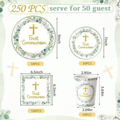 Pickmesh 250 Pcs Green First Holy Communion Disposable Tableware Set God Bless - Image 3