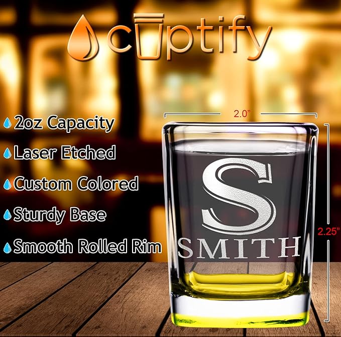 Personalized Square Shot Glasses Yellow Bottom 2oz Engraved Initial and Name Custom Gifts, Weddings, Birthdays, Party, Event, Decorations