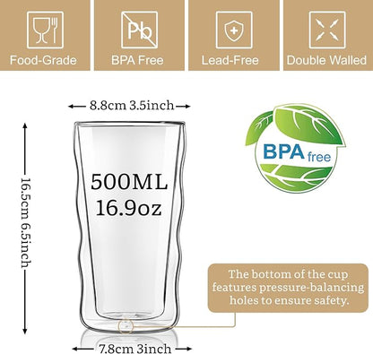 Joeyan Double Walled Insulated Tumbler, 15 oz Beer Cocktail Glass Cups Highball - Image 2