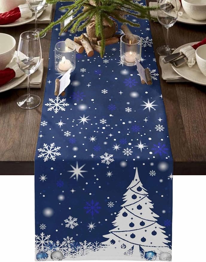 Navy Blue Christmas Tree Table Runner 90 Inches Long, Xmas Balls Snowflake by Unknown
