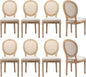 Vintage French Rattan Dining Chairs Set of 8, Solid Wood Frame with Round Rattan Back and Linen Upholstered Seat, Farmhouse Accent Sillas de Comedor Side Chairs for Dining Room & Kitchen, Beige