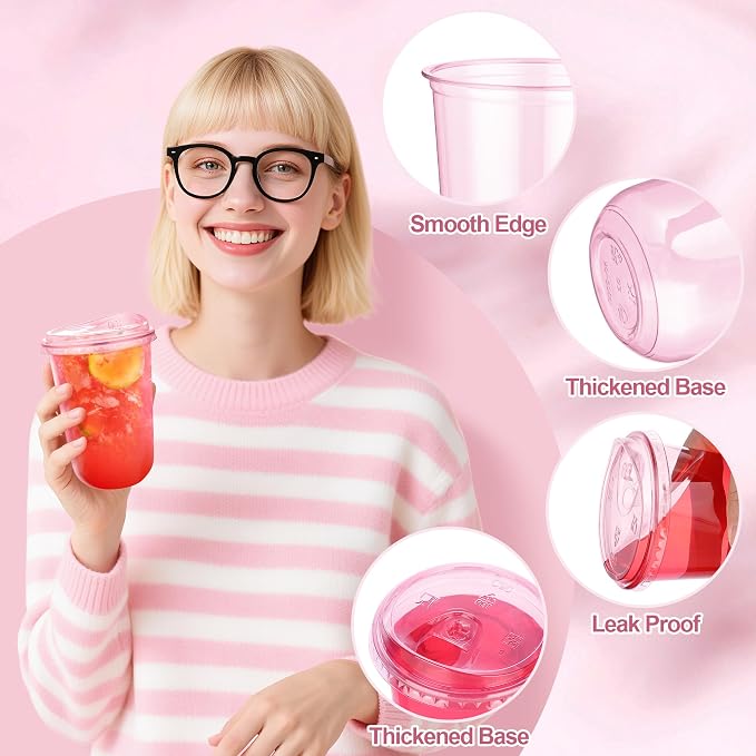 KesaPlan 50 Pack 16 oz Pink Round Bottom Plastic Party Cups - Image 4