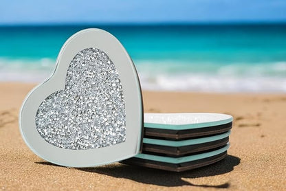 Crushed Diamond Crystal Glass Mirrored Heart Love Coasters Set of 4 Glittering Bling Silver TRENDZY ® Drink Wine Coasters for Home Kitchen Bar & Restaurant Home Decor Birthday Wedding (Heart)