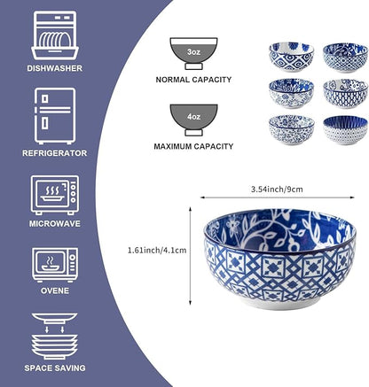 Ceramic Dipping Bowls Set - Mini 4 Oz Dessert Bowls - Small 3.5 Inch Porcelain Bowls for Side Dishes, Snack, Yogurt, Appetizer - Microwave Dishwasher Safe - Set of 6 - Vintage Blue